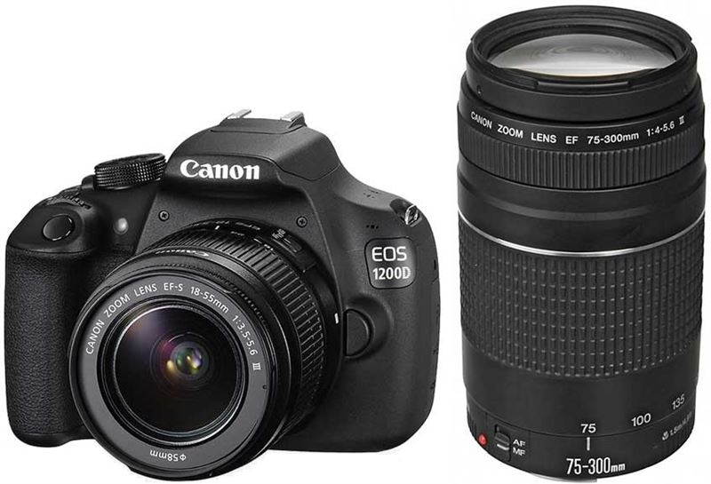 Canon EOS 1200D + EF-S 18-55mm + EF 75-300mm zwart