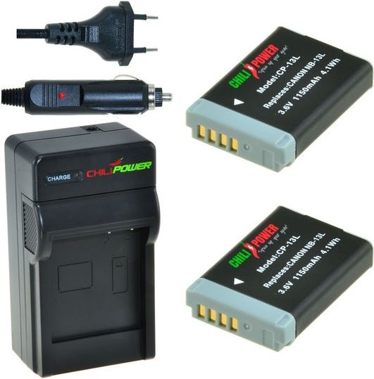 ChiliPower 2 x NB-13L accu's voor Canon - inclusief oplader en autolader 2 x NB-13L accu's voor Canon - inclusief oplader en autolader