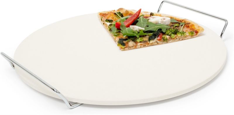 Relaxdays pizzasteen 33 cm met metalen houder, pizza baksteen, pizza stone steen