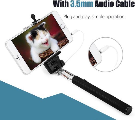 Audio Plug Selfiestick voor Smartphones tot 6 ich I Android en iOS I Plug and Play I Zwart