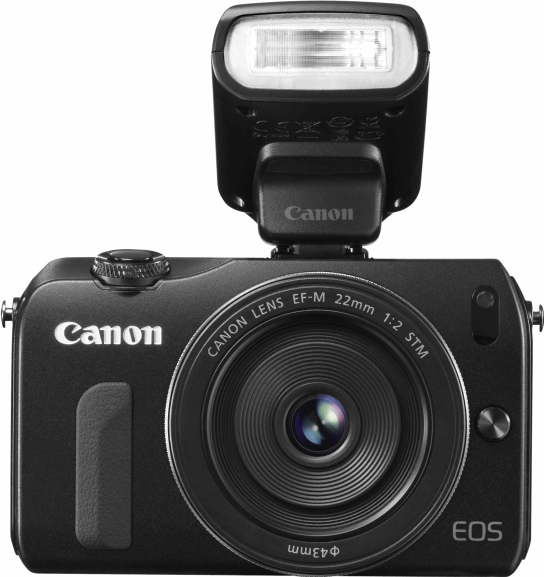 Canon EOS M en EF-M 22MM en Speedlite 90EX zwart