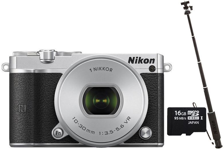 Nikon 1 J5 + 10-30mm zilver + selfiestick + geheugen
