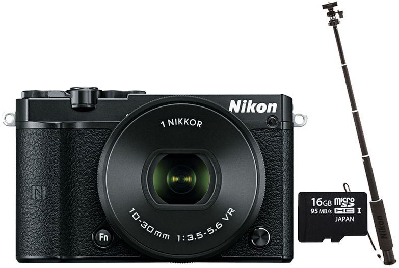 Nikon 1 J5 + 10-30mm zwart + selfiestick + geheugen