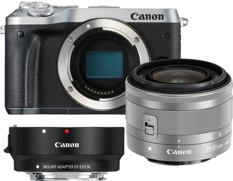 Canon EOS M6 zilver + 15-45mm IS STM zilver + EF-EOS M mount adapter