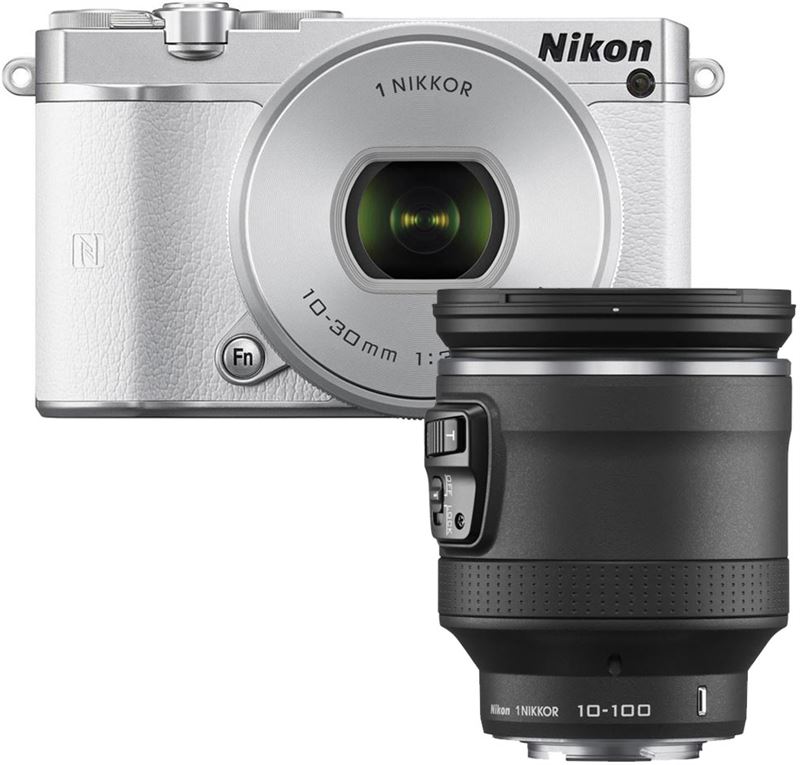 Nikon 1 J5 wit + 10-30mm VR zilver + 10-100mm VR Powerzoom zwart