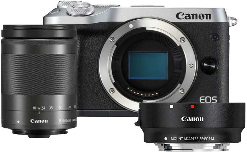 Canon EOS M6 zilver + 18-150mm IS STM zwart + EF-EOS M mount adapter