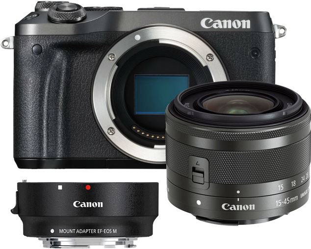 Canon EOS M6 zwart + 15-45mm IS STM zwart + EF-EOS M mount adapter