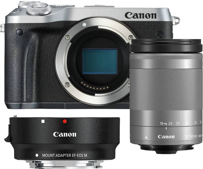 Canon EOS M6 zilver + 18-150mm IS STM zilver + EF-EOS M mount adapter