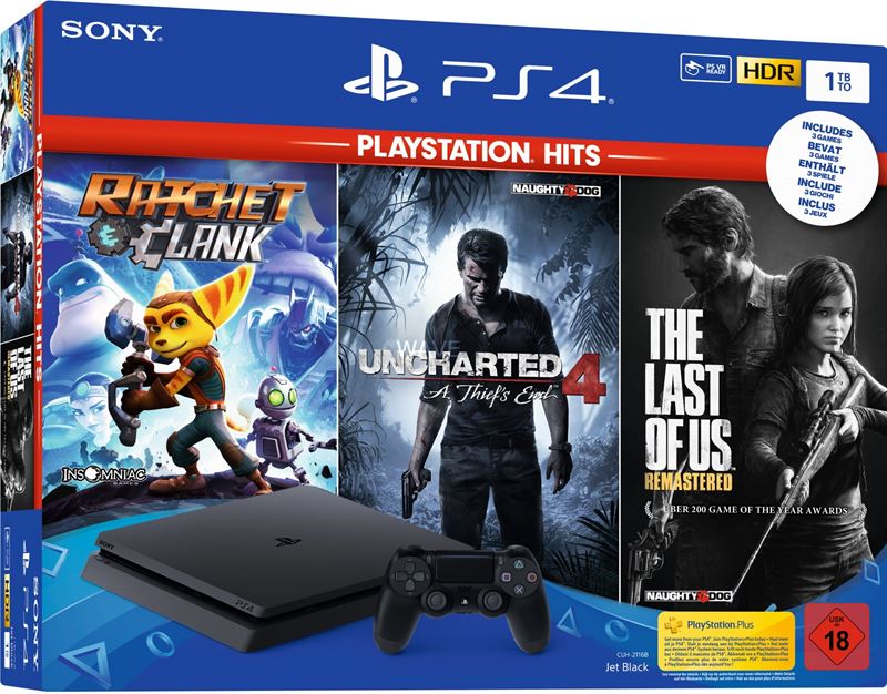 Sony PlayStation 4 1TB + The Last of Us + Uncharted 4 + Ratchet & Clank 1TB / zwart / The Last of us, Uncharted 4, Ratchet & Clank