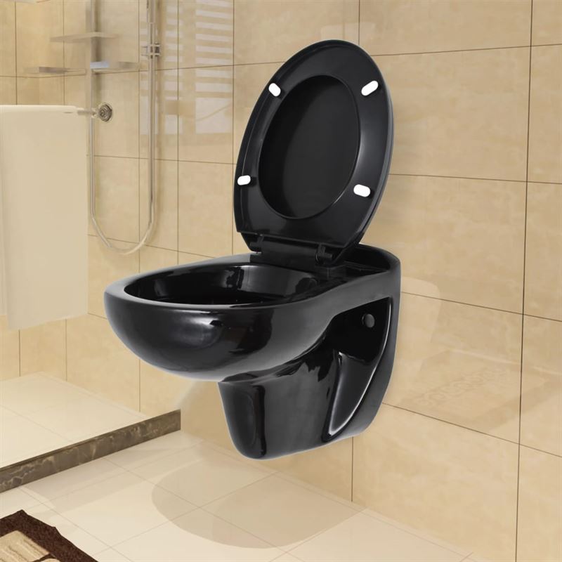 vidaXL Hangend toilet met soft-close toiletbril keramiek zwart
