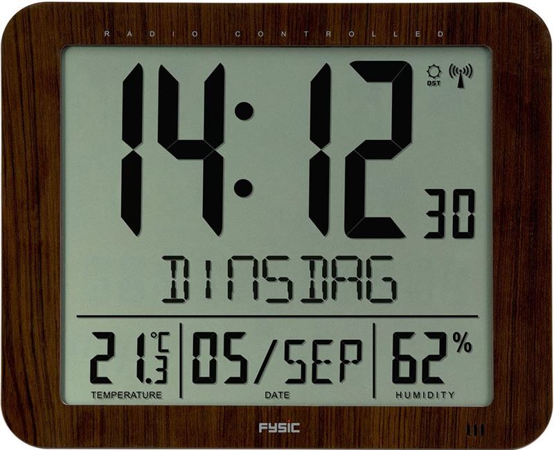 Fysic FKW-2600 Grote digitale klok met datum aanduiding, thermometer en Hygrometer Grote cijfers en stijlvol hout desing Houtlook