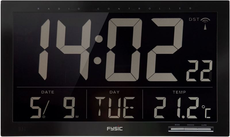 Fysic FWK-1000 Grote digitale klok met datum aanduiding en thermometer Grote cijfers en stijlvol desing Zwart