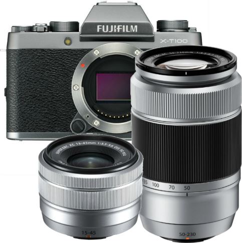 Fujifilm X-T100 zilver + XC 15-45mm zilver + XC 50-230mm zilver