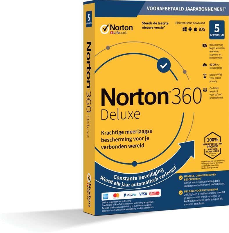 Norton 360 Deluxe | 5Apparaten - 1Jaar | Windows - Mac - Android - iOS | 50Gb Cloud Opslag