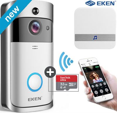 en JC's EKEN V5 deurbel camera + 32GB SD – NL Handleiding – Draadloze deurbel met camera – inclusief gong + 3 oplaadbare batterijen – Video deurbel kopen?