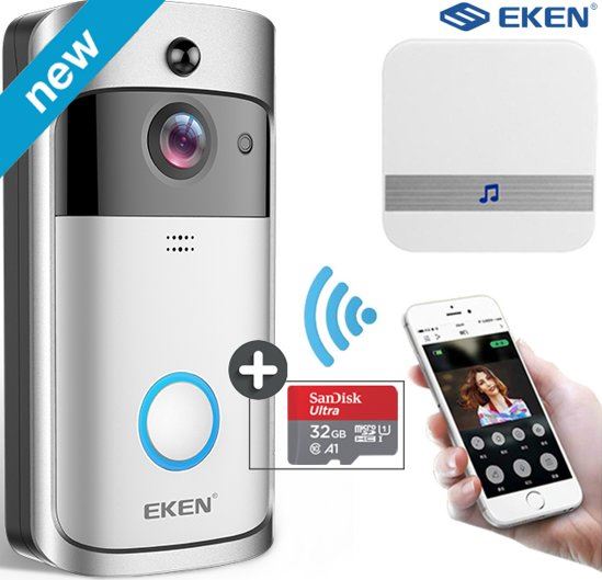 EKEN en JC's EKEN V5 deurbel met camera + 32GB SD kaart – NL Handleiding – Draadloze deurbel met camera – inclusief gong + 3 oplaadbare batterijen – Video deurbel