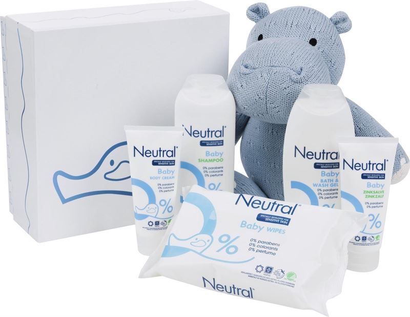 Neutral Geschenkset 6-delig - Bodycrème, Zinkzalf, Bad- en Wasgel, Billendoekjes, Shampoo en Jollein Nijlpaard Knuffel