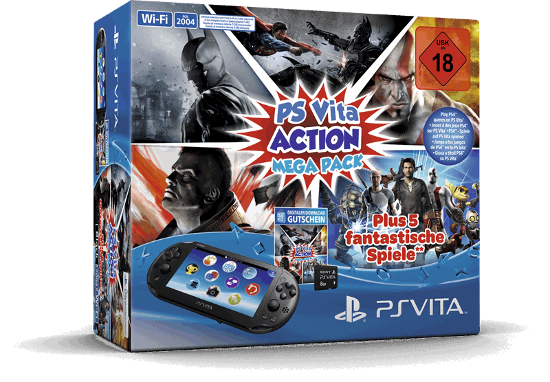 Sony PlayStation Vita Action Mega Pack 1GB / zwart / Injustice: Gods Among Us – Ultimate Edition, Batman: Arkham Origins Blackgate, PlayStation Allstars: Battle Royale, God of War: Chain of Olympus, Killzone: Liberation