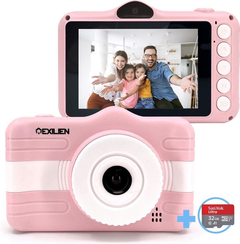 Exilien HD kindercamera 1080P incl. 32 GB Micro SD card- digitale kindercamera-kindercamera-roze kindercamera -kindercamera meisje -3,5 inch kindercamera - vlogcamera kind - kindercamera met videofunctie - voor kinderen -32GB Micro SD