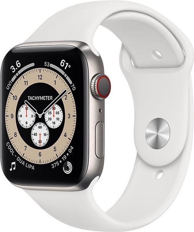 Apple Watch Series 6 GPS + Cellular, 44mm Kast Roestvrij staal, Silicone wit sport band
