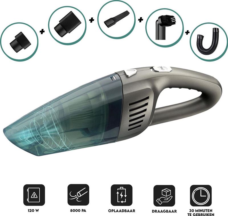 Vitasy Vitasy® Pro Kruimeldief Snoerloos – Auto stofzuiger – Handstofzuiger – 5 opzetstukken en HEPA filter – USB Oplaadbaar - Grijs