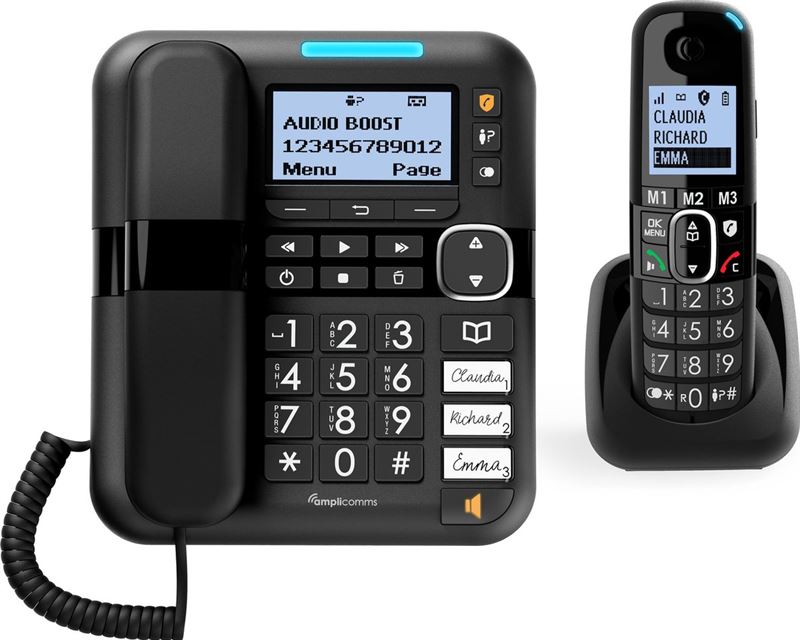 Amplicomms BigTel1580 Combo Huistelefoon en Dect telefoon | Senioren telefoon vaste lijn | Voor Slechthorenden en Slechtzienden | 3 Directe Geheugentoetsen | Antwoordapparaat | Lichtsignaal bij oproep | Luid volume | Gehoorapparaat compatibel