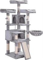 Acaza Katten krabpaal met twee huisjes en speeltjes voor meerdere katten, XXL, Cat Condo, 168 cm, Lichtgrijs
