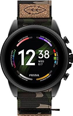 Fossil Gen 6 Smartwatch Zwartkleurig Roestvrijstalen Herenhorloge met Groen Camouflage Grosgrain Bandje, FTW4063