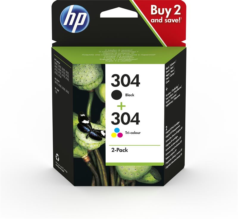HP 304 originele zwarte/drie-kleuren inktcartridges, 2-pack duo pack / cyaan, geel, magenta, zwart