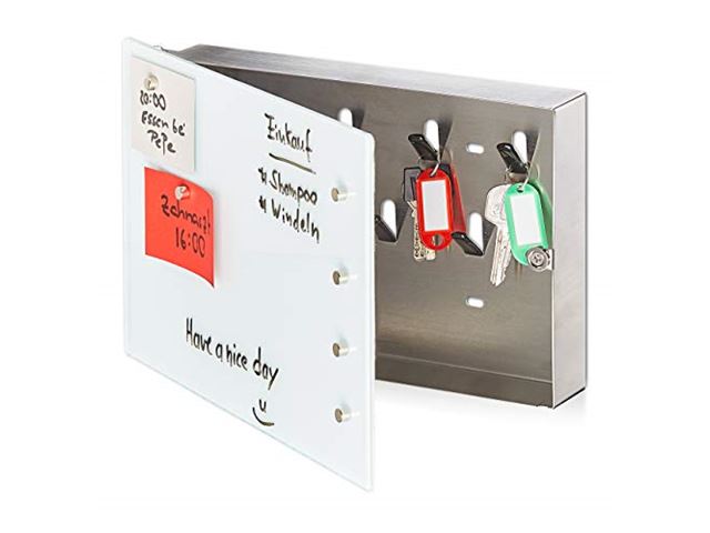 Relaxdays Sleutelkast met glazen magneetbord, 20 x 30 cm, 7 haken, 6 magneten, beschrijfbaar, sleutelplank, wit-zilver, 1 stuk klok kopen? | Kieskeurig.be | helpt kiezen