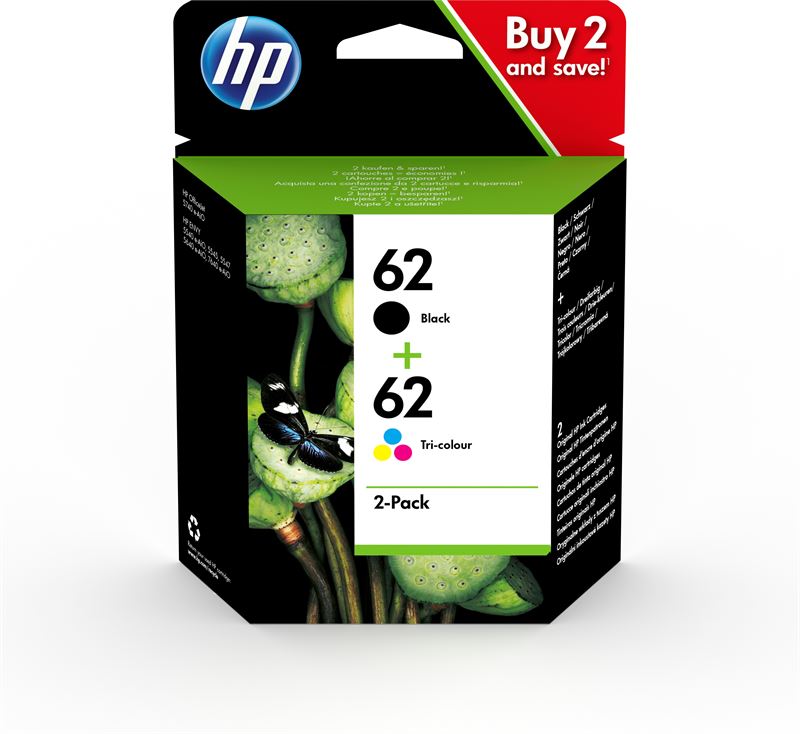 HP 62 originele zwarte/drie-kleuren inktcartridges, 2-pack duo pack / cyaan, geel, magenta, zwart