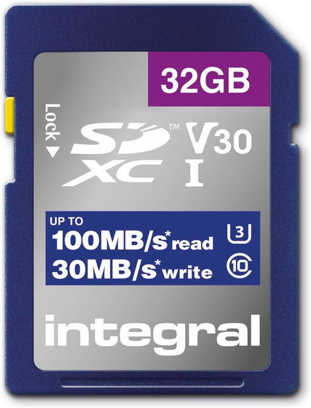 Integral INSDH32G-100V30 32GB SD CARD SDHC UHS-1 U3 CL10 V30 UP TO 100MBS READ 30MBS WRITE