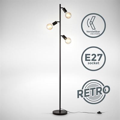 B.K.Licht - Industriële Vloerlamp - voor binnen woonkamer - zwarte staande lamp - - metalen leeslamp - draaibar - met 3 lichtpunten - E27 fitting - excl. lichtbronnen verlichting kopen? | Kieskeurig.be | helpt je kiezen