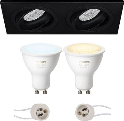 Qualu Borny Pro Inbouw Rechthoek Dubbel Mat Zwart - Kantelbaar - 175x92mm - Philips Hue - LED Spot Set GU10 - White Ambiance - Bluetooth | vergelijken | Kieskeurig.nl
