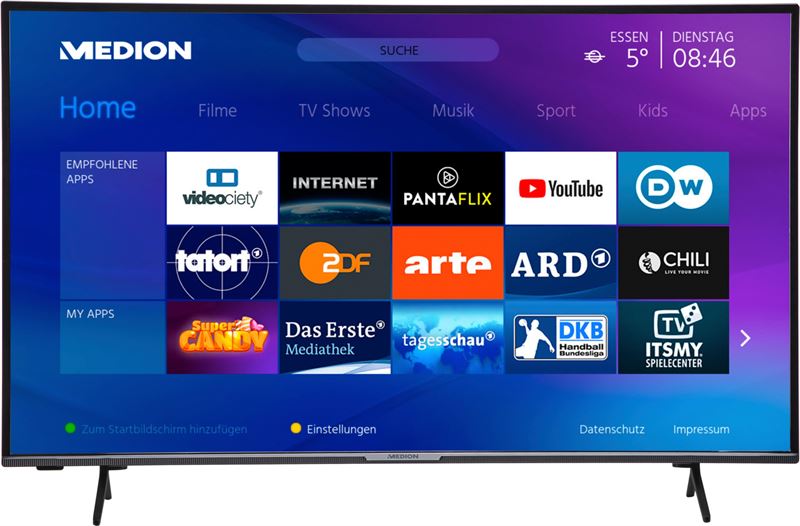 Medion LIFE X16510 Smart-TV, 163,8 cm (65 inch) Ultra HD Display, HDR, Micro Dimming, PVR ready, Netflix, Amazon Prime Video, Bluetooth®, DTS HD Sound, HD Triple Tuner, CI+ 2021
