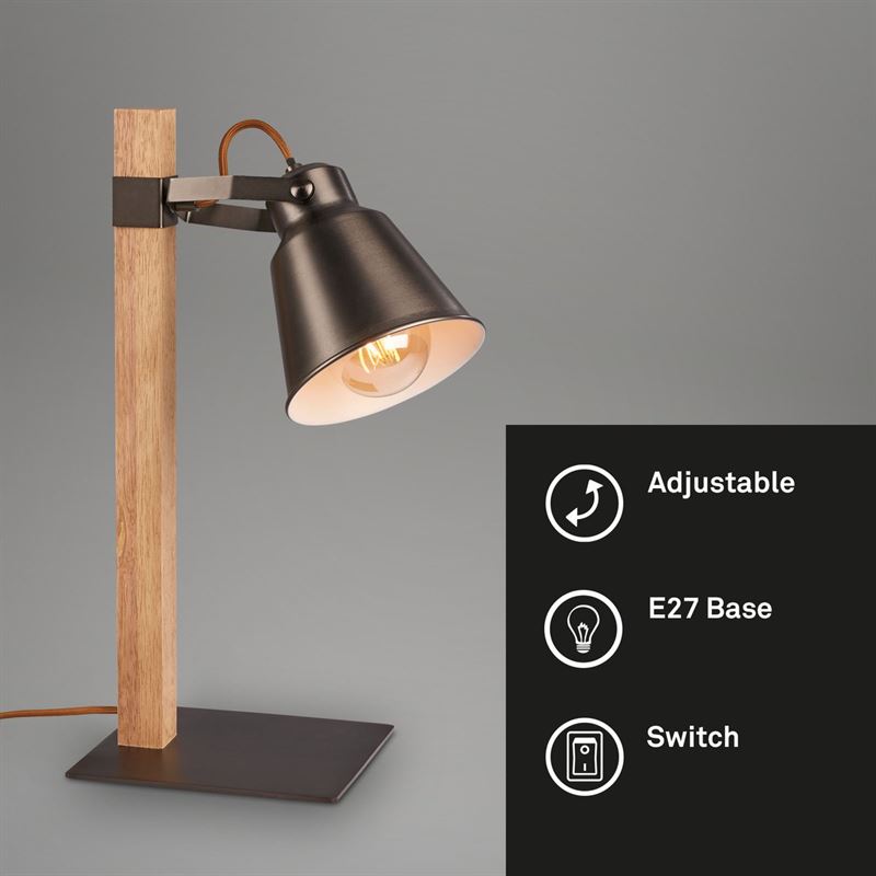Briloner Leuchten - TALLE tafellamp vintage 1-licht metaal-hout antiek-grijs hout donker excl. 1xE27 25W snoer schakelaar draai- en kantelbaar