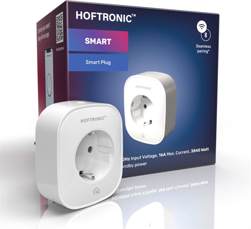 HOFTRONIC Slimme Stekker - Smart plug 16A - WiFi + Bluetooth - Met Tijdschakelaar - Compatible met Amazon Alexa, Google Home & Siri - Incl. Energiemeter - Extra plat design - Smart stopcontact