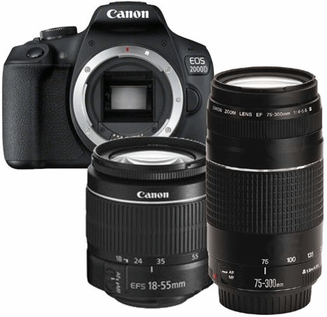 Canon EOS 2000D + 18-55mm DC III + 75-300mm III zwart