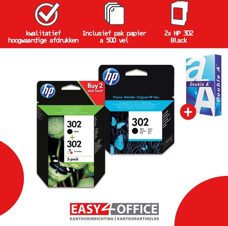 HP Valuepack HP302 inkcartridges, 2x zwart 302 + 1x kleur 302 + 1x Double A printpapie