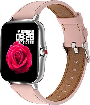 ZWG Smart Horloge voor Android iOS Telefoons Smartwatch Fitness Tracker Fitness Horloge met Bluetooth Call Hartslag Bloeddrukmeter Vrouwelijke Menstruatiecyclus Smart Horloges voor Mannen Vrouwen (Roze Leer)