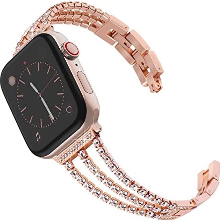 AONAON xiaojunjia Shining Diamond Watch Band for Apple Horloge 41mm 45mm 40mm 44mm Armband for Iwatch for Serie 7 6 SE 5 4 3 Roestvrijstalen riem (Band Color : Rose-gold, Band Width : 42mm)