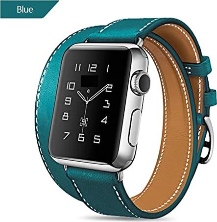 AONAON xiaojunjia Lange zachte lederen band for Apple Watch 6 for Iwatch for Serie 6 5 4 3 2 40mm 44mm 38mm 42mm Double Tour Strap for Smart Watch (Band Color : Blue, Band Width : For 38mm watch)