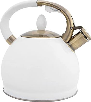 OOOFFFFFFFF 2.64 Quart Surgical Stainless Steel Tea Kettle Stove Top Whistling Tea Kettle Ergonomic Electroplated Bronze Handle Tea Kettle
