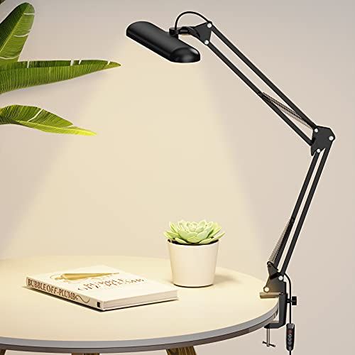 SKYLEO LED Desk Lamp met Clip, Eye-Caring energiebesparende lamp voor het werk bureau, Shining Black Series dimbare zwenkarm bureaulamp, 3 lichtstanden x 10 helderheidsniveaus, USB-poort, voor thuis, kantoor, studie