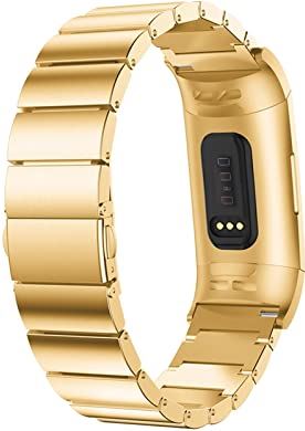 AONAON xiaojunjia Vervanging Roestvrijstalen Armband Smart Watchband Strap for Fitbit for Charge 3 Snelle Release Smart Watch Support Accessoires (Band Color : Gold)