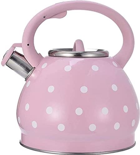 OOOFFFFFFFF Whistling Kettle for Gas Hob Whistling Teapot 3.5 Quart Stainless Steel Heat Accumulating Bottom Household Teapot with Handle Induction Hob Kettle (Pink 3.5L)