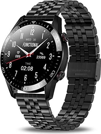 CHYAJIG Slimme Horloge Smart Horloge Mannen Bluetooth Call Custom Dial Full Touch Screen Waterdichte SmartWatch for Android IOS Sport Fitness Tracker (Color : Steel belt black)