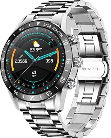 CHYAJIG Slimme Horloge High-definition Bluetooth Call Smart Watch Men Full Touch Waterproof Sports Fitness Watch Luxury Smart Watch Men IOS Android (Color : Steel belt silver)
