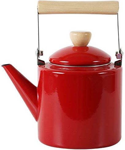OOOFFFFFFFF Enamel on Steel Tea Kettle 2L - Enamel Kettle Stovetop Teapot with Wood Handle White (Red)