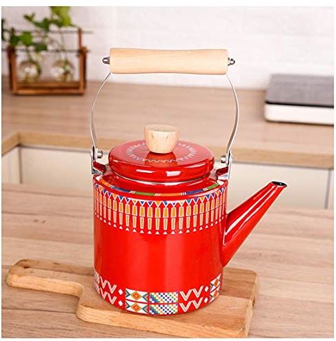 OOOFFFFFFFF Kettle Enamel Kettle White Japanese Kitchen Pot Teapot Red Stovetop Kettle Large Capacity Household Red Gooseneck Coffee Pot with Wooden Handle (Red Printed 2L)